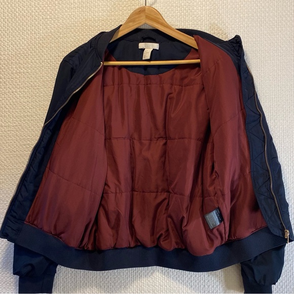 Bomber Cropped Jacket Women’s 8 H&M Navy/Maroon Gold Accents Zip Sleeve Pocket - Picture 13 of 13